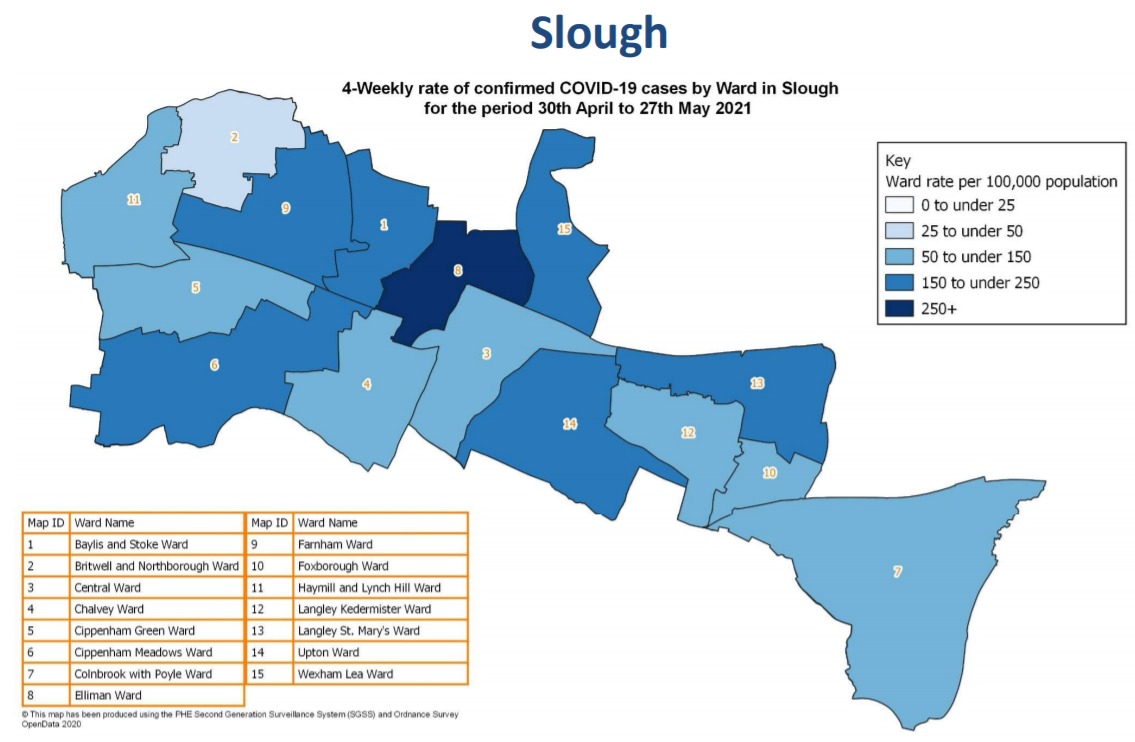 The darkest blue shows the hotspot areas in Slough